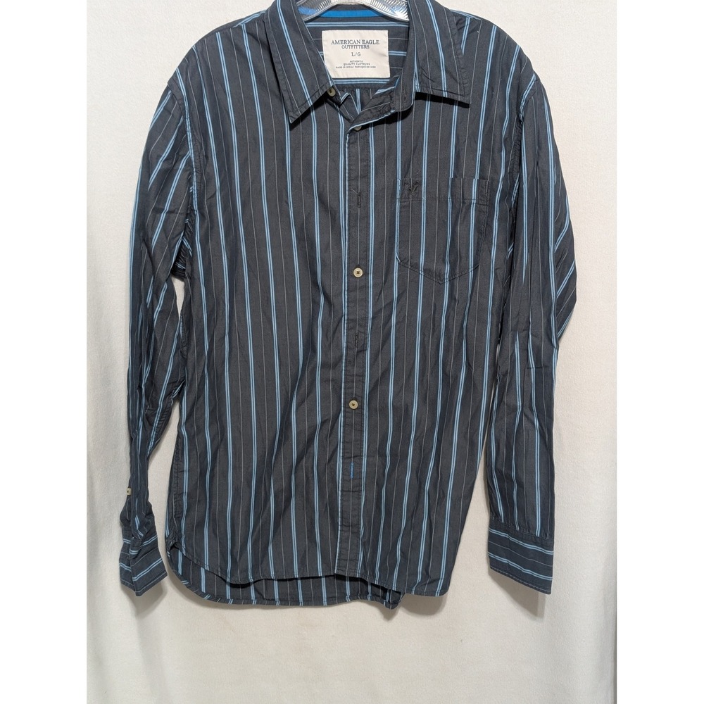 American Eagle Outfitters Mens Vintage Fit Striped Button Down Shirt Grey Blue L
